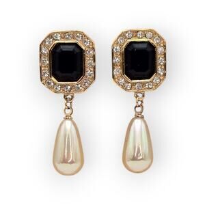 Roman Pearl Drop Earrings Black Crystal Rhinestone Gold Tone – Regency Cocktail
